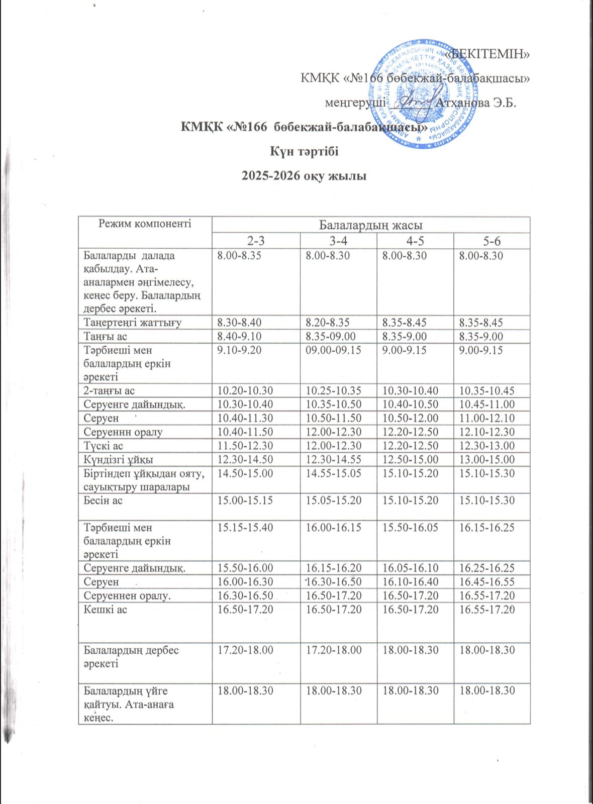 Күн тәртібі 2025 - 2026 оқу жылы